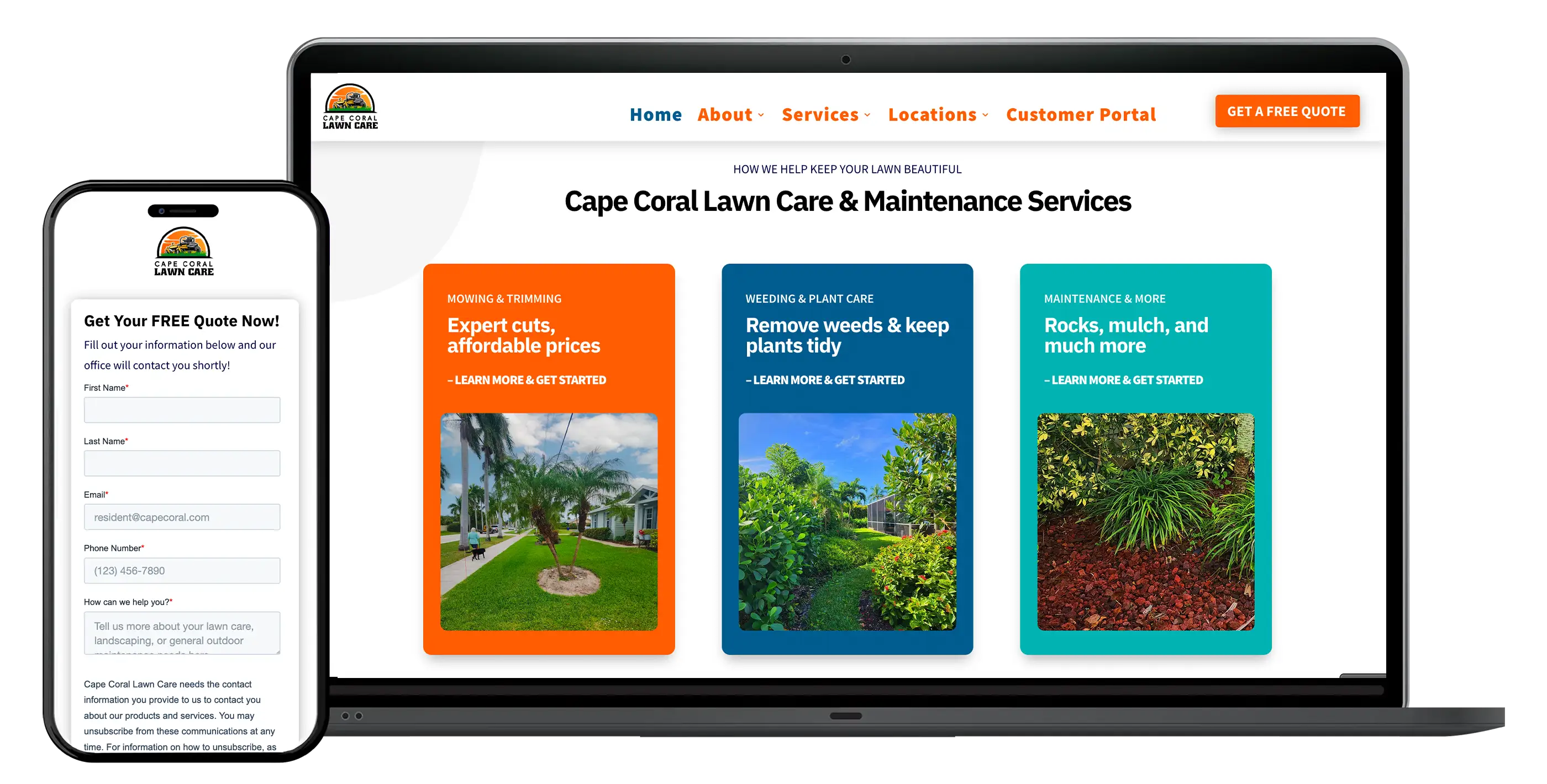 Cape Coral Lawn Care website displayed across laptop and mobile devices