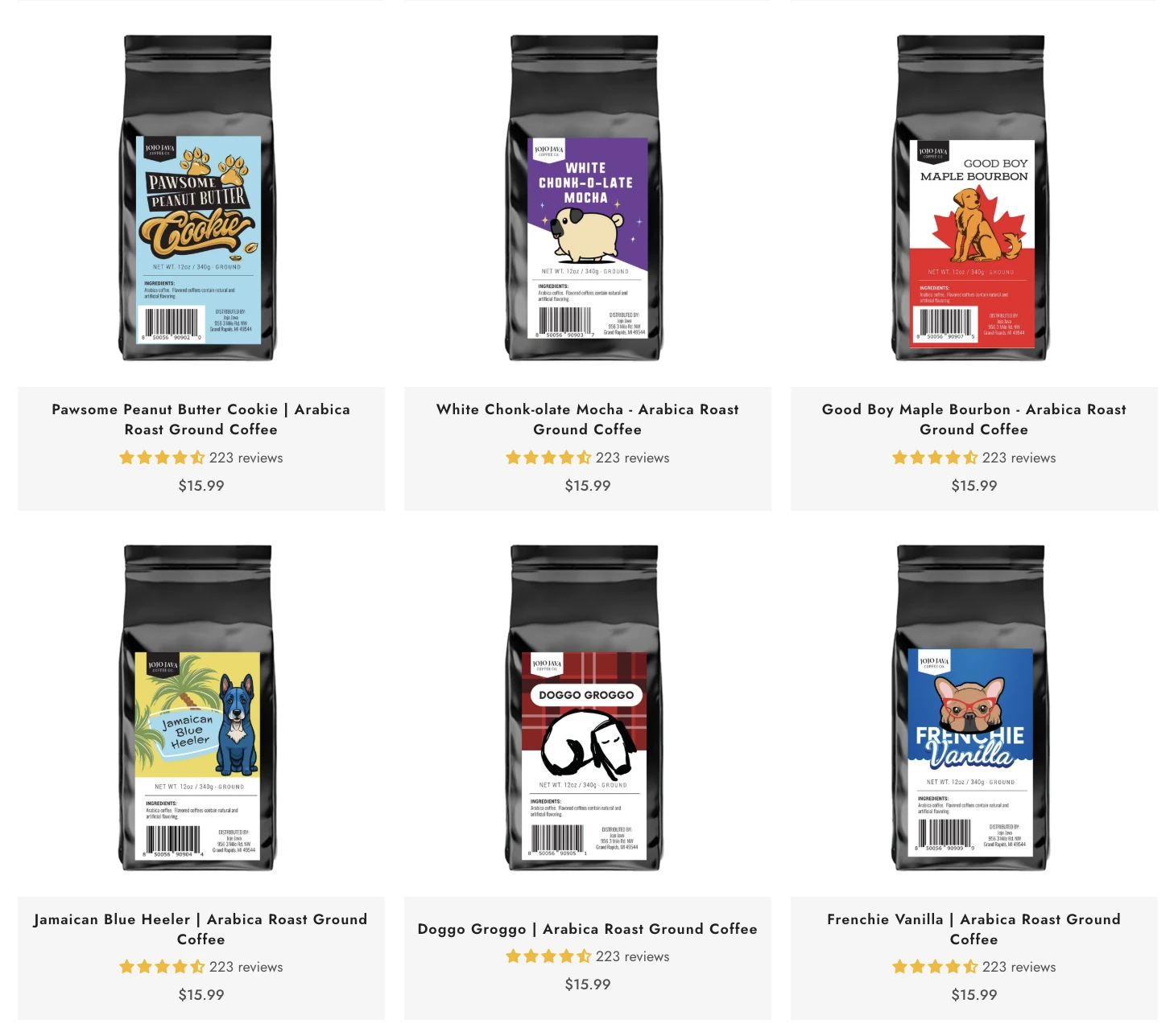 Jojo Java Coffee Co. flavored coffee product packages lineup