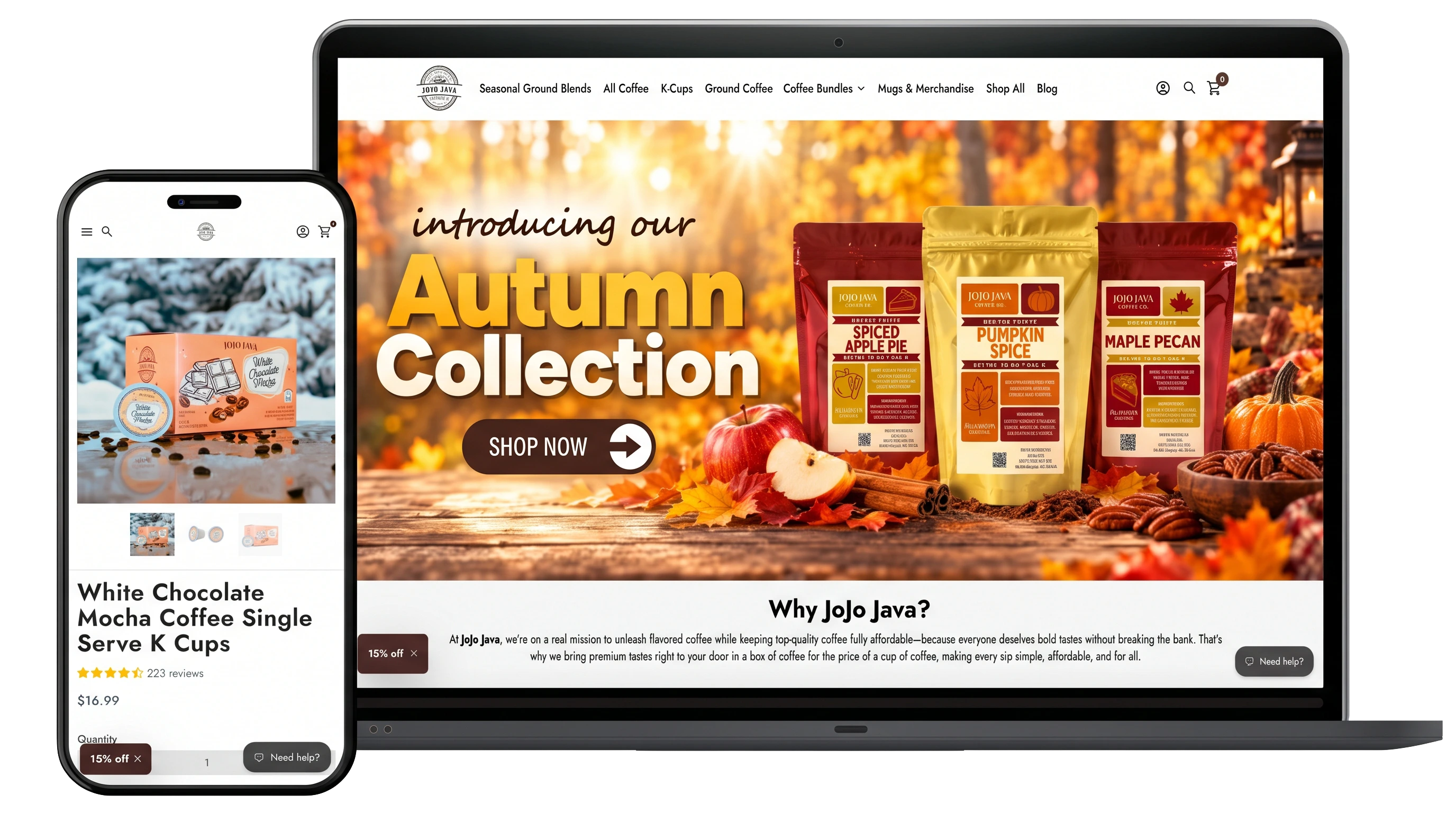 Jojo Java Coffee Co. website and mobile shopping experience displayed across laptop and mobile devices