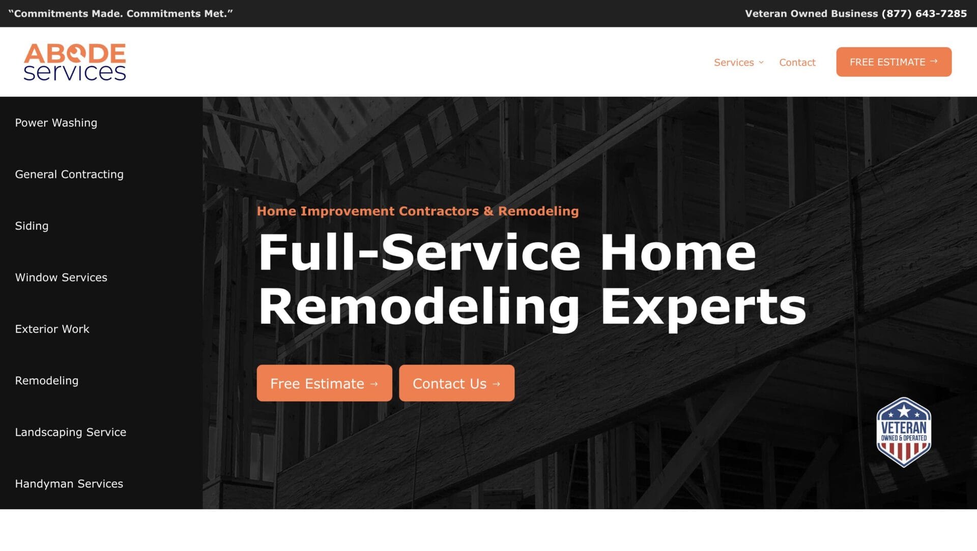 Home page of Abode Services website 