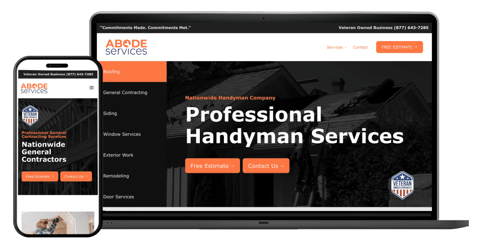 Abode Services website example with services offered on a mobile and desktop screen.