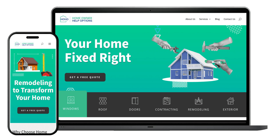 Home Owner Help Options website example with services offered on a mobile and desktop screen.