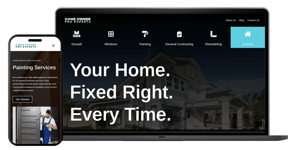 Home Owner Pro Experts website example with services offered on a mobile and desktop screen.